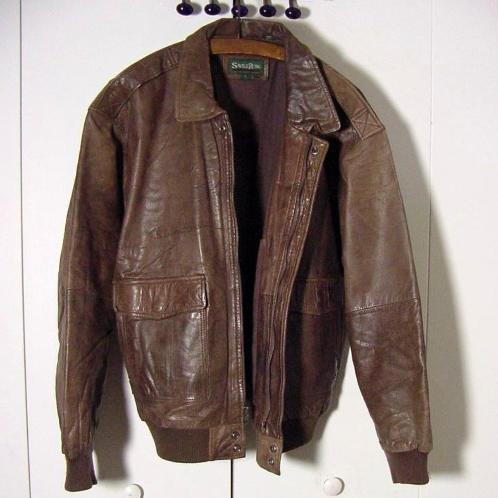 Vtg 90's Saville Row Brown Leather Bomber Jacket Sz L